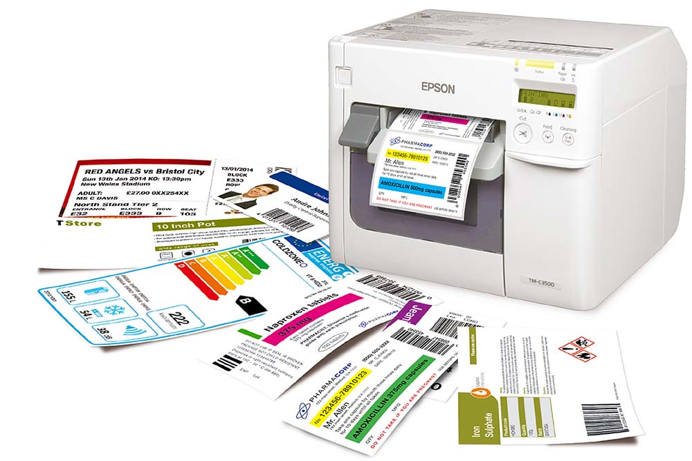 Cтруйный принтер Epson ColorWorks C3500 c образцами этикеток