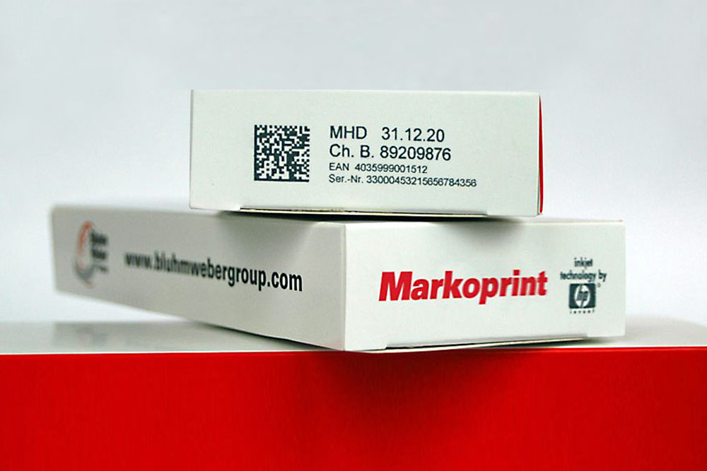 Образец каплеструйной печати Markoprint с кодом DATAMATRIX на коробочке