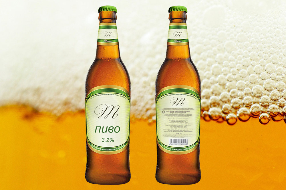Образец нанесения трех этикеток на бутылку пива две спереди и одна сзади